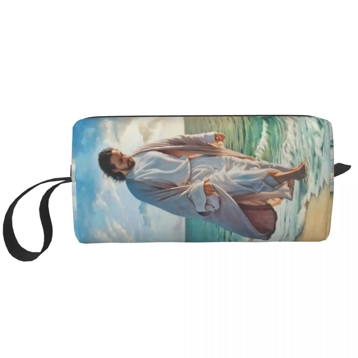 Custom Jesus Walks On The Beach Toiletry Bag Women Makeup Cosmetic Organizer Ladies Beauty Storage Dopp Kit Box