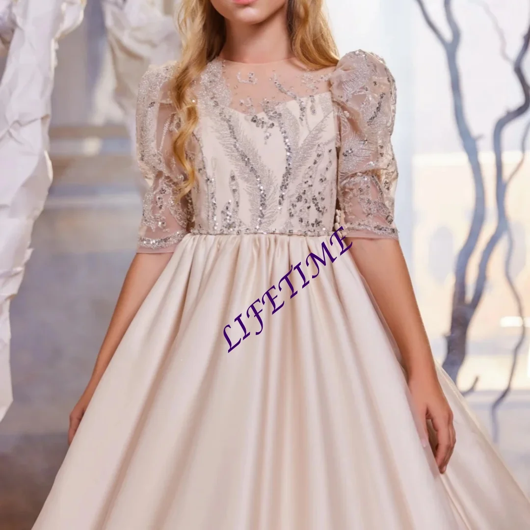Gorgeous Beaded Half Sleeve Flower Girls Dresses For Wedding Cute Elegant Satin O-neck Princess Gown With Bow Perform Customized