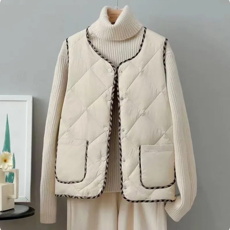 

Down Jackets Vests Women Spring Autumn Loose Ins Striped Sleeveless Coats Thermal Casual Simple All-match Fashion Wind-proof New