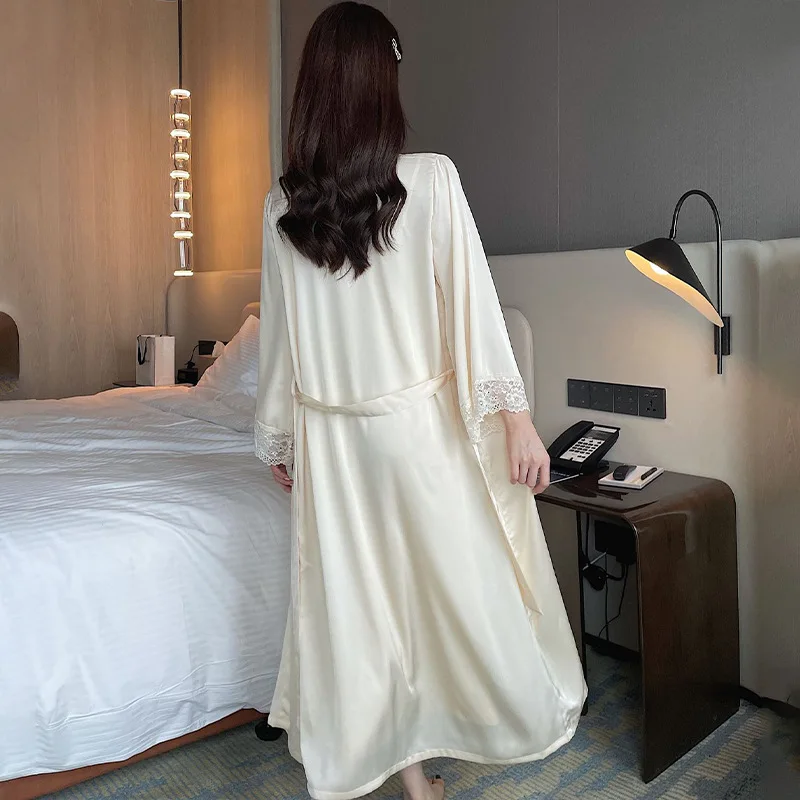 Robe Nightgown Set Women Twinset Kimono Bathrobe Gown Sleep Suit Sexy Summer Satin Sleepwear Lace Loungewear