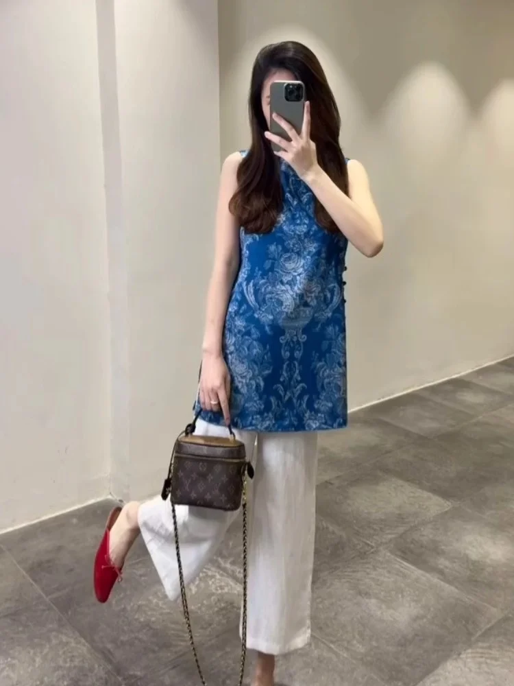 Pantalones de pierna ancha con estampado Floral azul y traje de verano para mujer, conjunto de dos piezas, nuevo traje nacional chino 2025