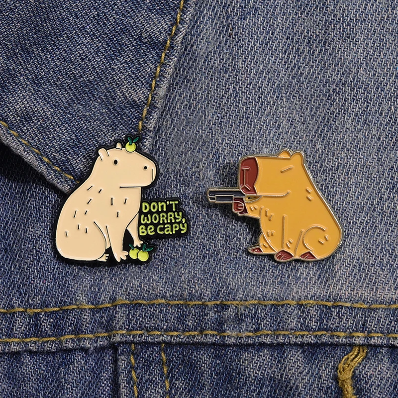 Capybara and Yuzu Enamel Pins Custom Don't Worry Be Capy Brooches Lapel Badges Animal Jewelry Gift for Friends