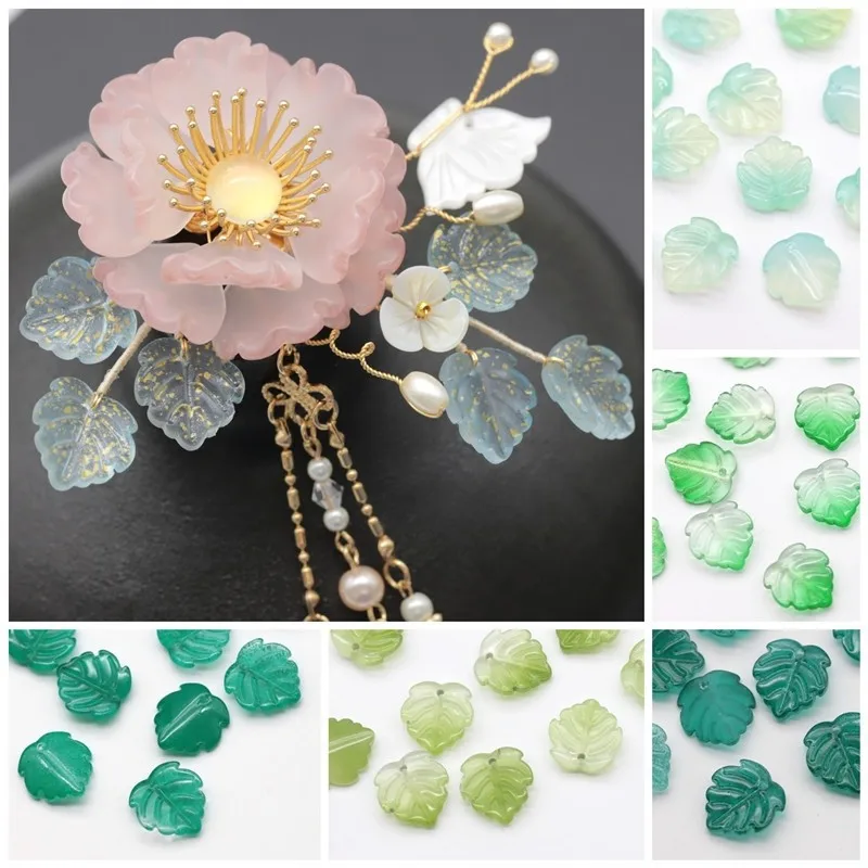 

10pcs 14x15mm Green Leaf Shape Handmade Lampwork Glass Petal Pendants Loose Beads for Jewelry Making DIY Crafts Findings