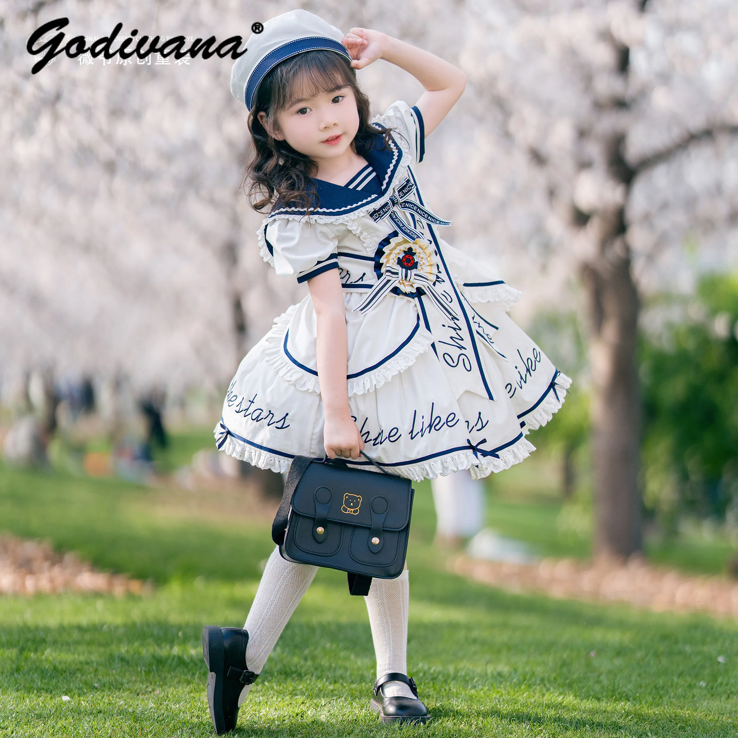 

Original 2026 New Summer Japanese Baby Girls Elegant Sailor Dress Kids Breathable Slim-fit Lace Letter Print Casual Ball Gown