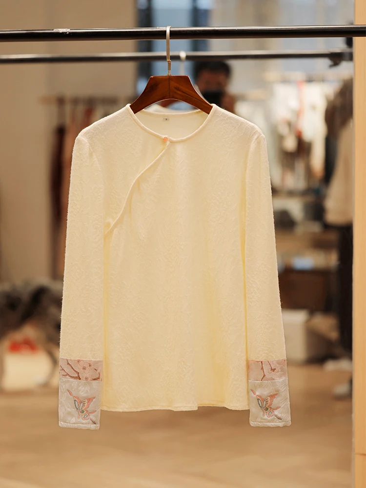 

Новинка 2023 года: Женская базовая футболка с длинным рукавом, винтажный китайский стиль, из полиэфирного волокна, для повседневной носки