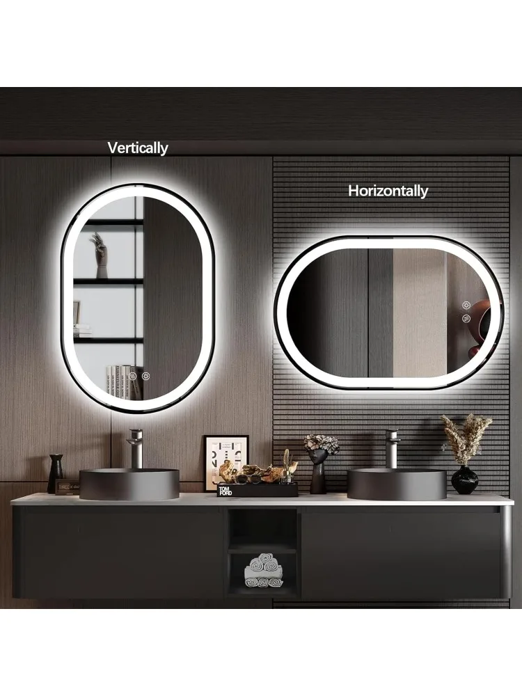 مرآة للحمام، 36 × 24 مضاءة أمامية + مرايا زينة بإضاءة خلفية مع ضوء مضاد للضباب، مقاوم للكسر، 3 ألوان، مكياج #6