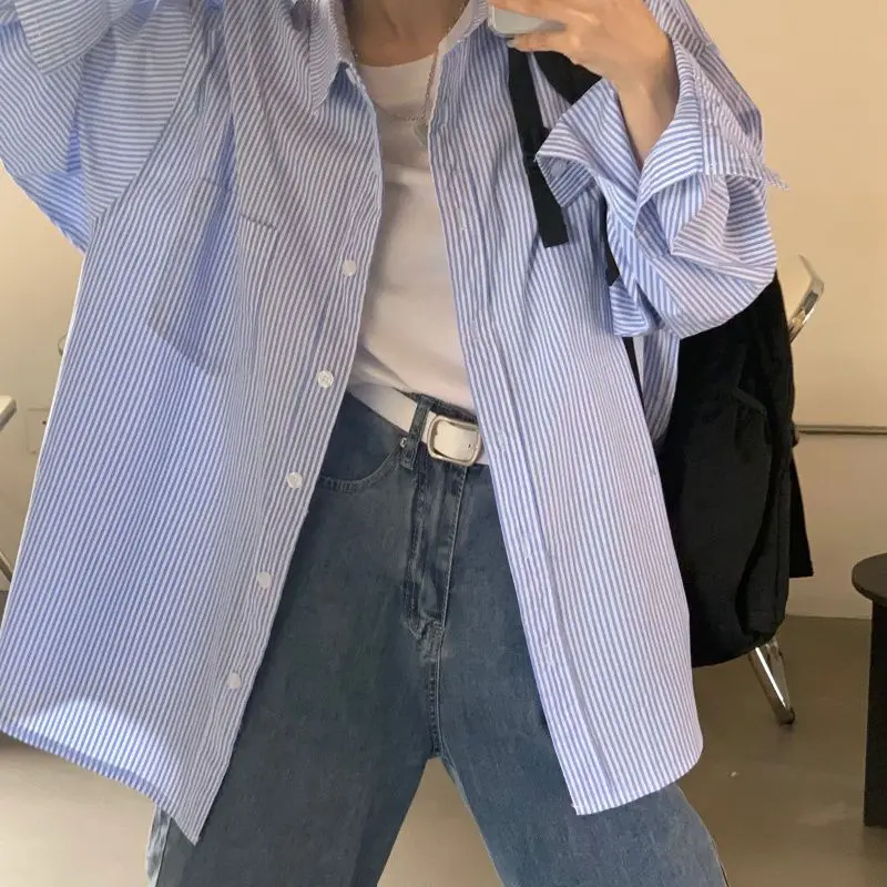 Striped Long-sleeved Shirt for Women in Spring Autumn New Style Lazy Loose BF Style Loose Mid-length Striped Versatile Jacket