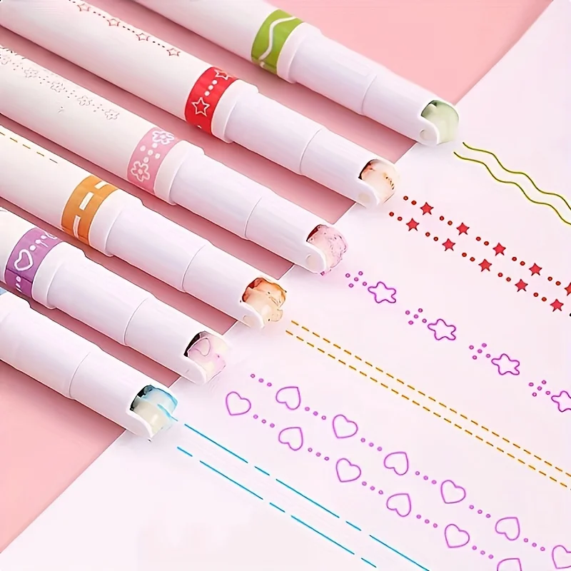 

6-Piece Cute Pattern Decorative Drawing Pen Set - Multi-Style Border Stencil Markers, Creative Doodle Line Pens, Colorful