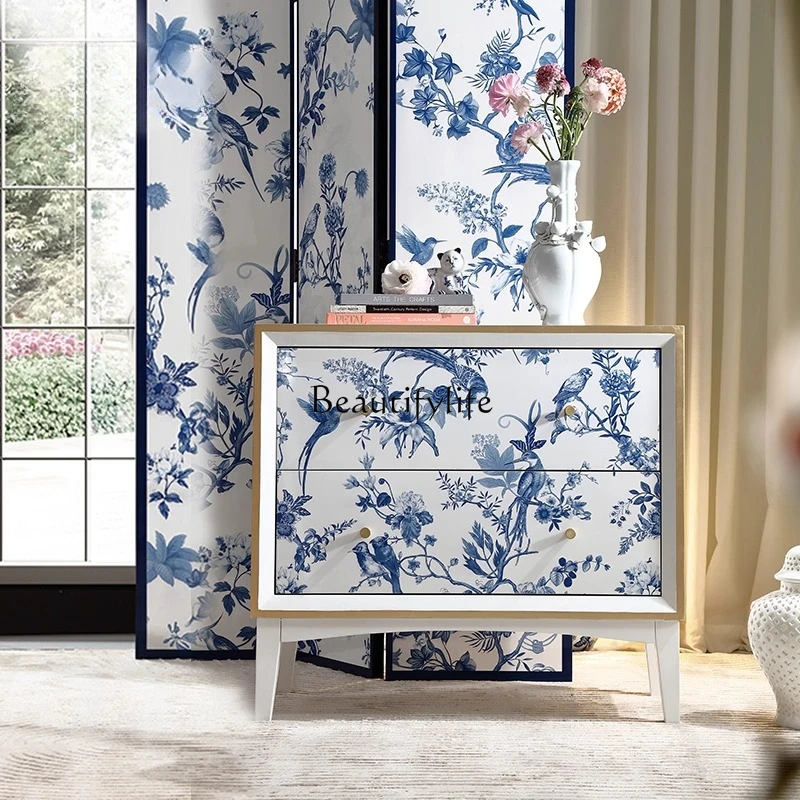 

Blue and white porcelain white solid wood French antique multi-purpose entrance cabinet storage Chinese style decorative cabinet