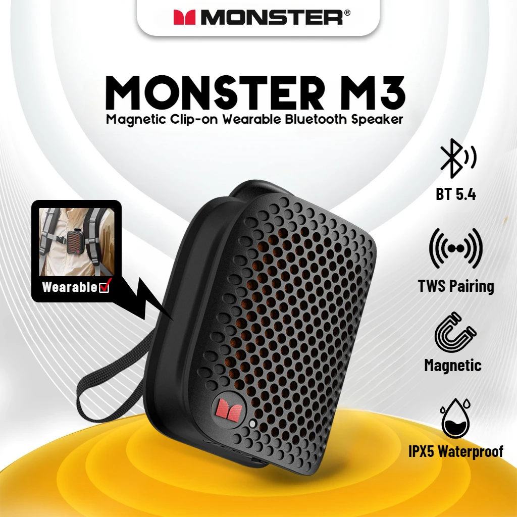 Monster M3 Bluetooth Speaker Outdoor Wearable Magnetic Clip-on Portable Bluetooth Sound Box Waterproof Subwoofer Powerful Bass