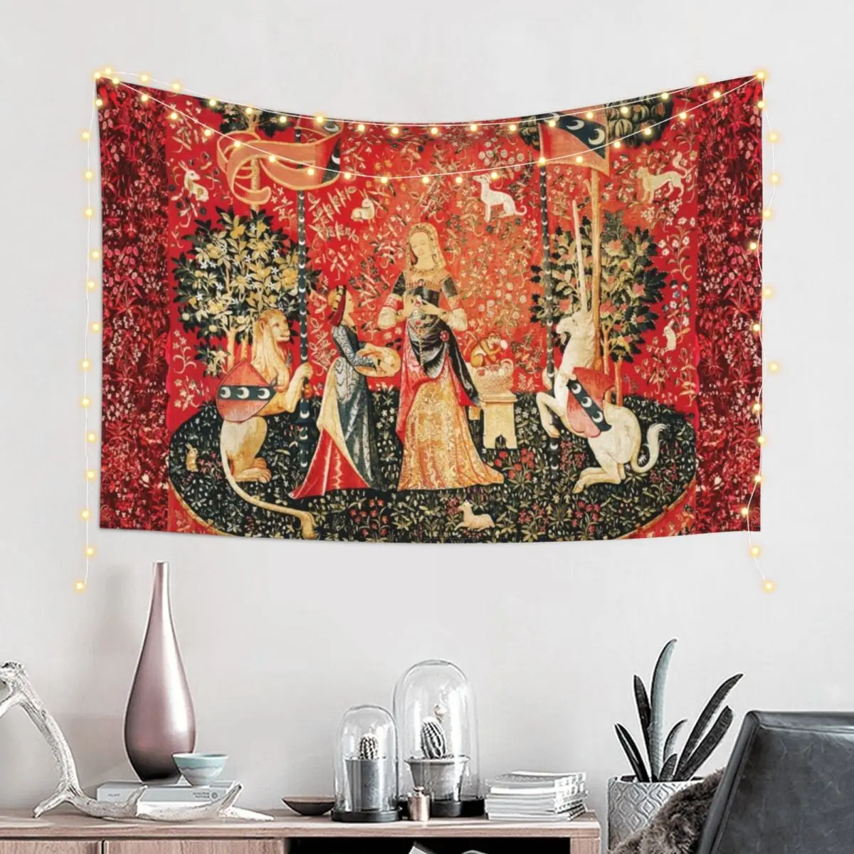 LADY AND UNICORN ,SMELL ,Lion,Fantasy Flowers,Animals Red Green Floral Tapestry Home Decorators Wall Hanging Tapestry