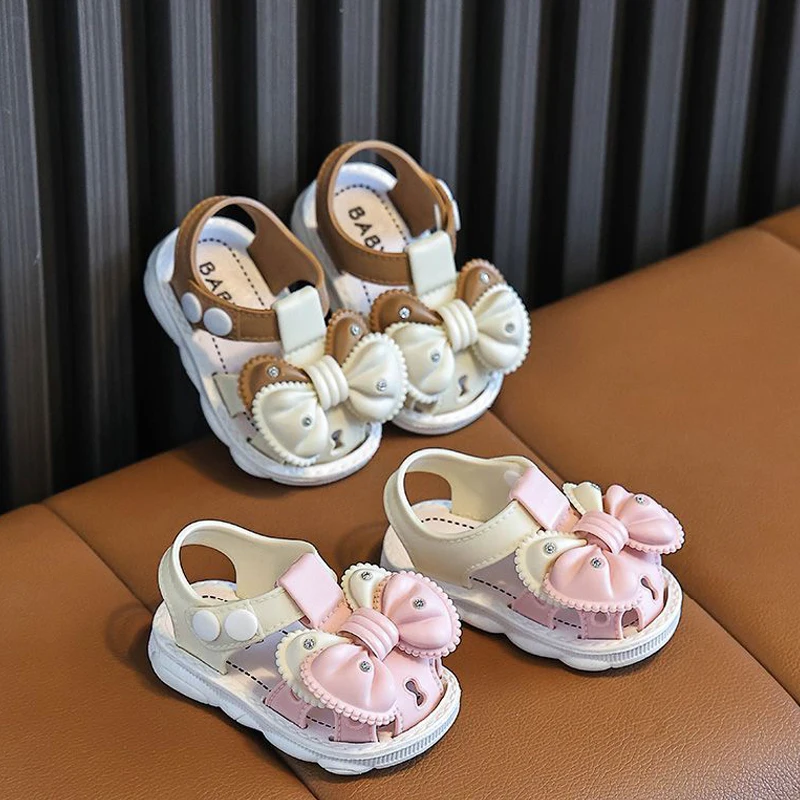

New Summer Aged 0-3 Cute Bow Rhinestone Baby Shoes For Girls Non-Slip Soft-Soled Children Toddler Kids Sandals With Covered Toes