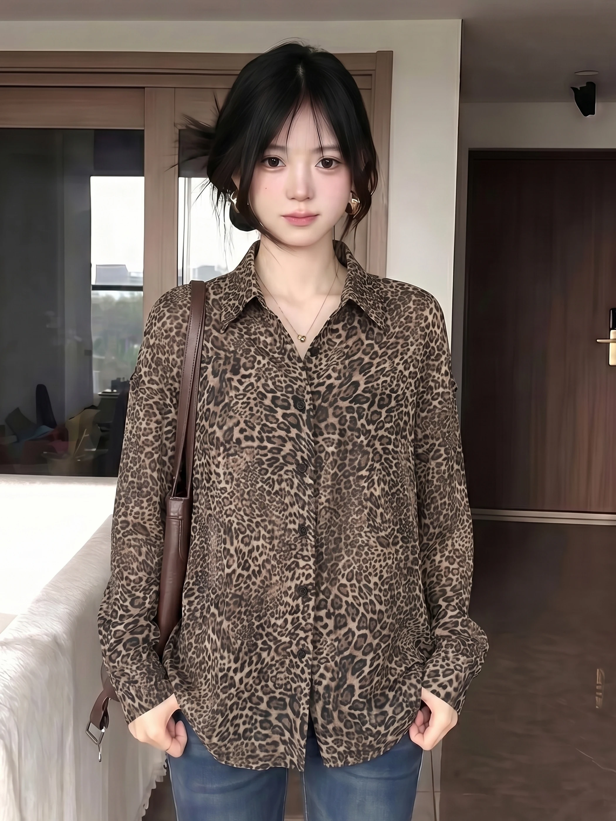 

Retro American Leopard Print Shirt Women Loose Slimming Thin Long Sleeve Lazy Style Quality Versatile Top for Summer 2026