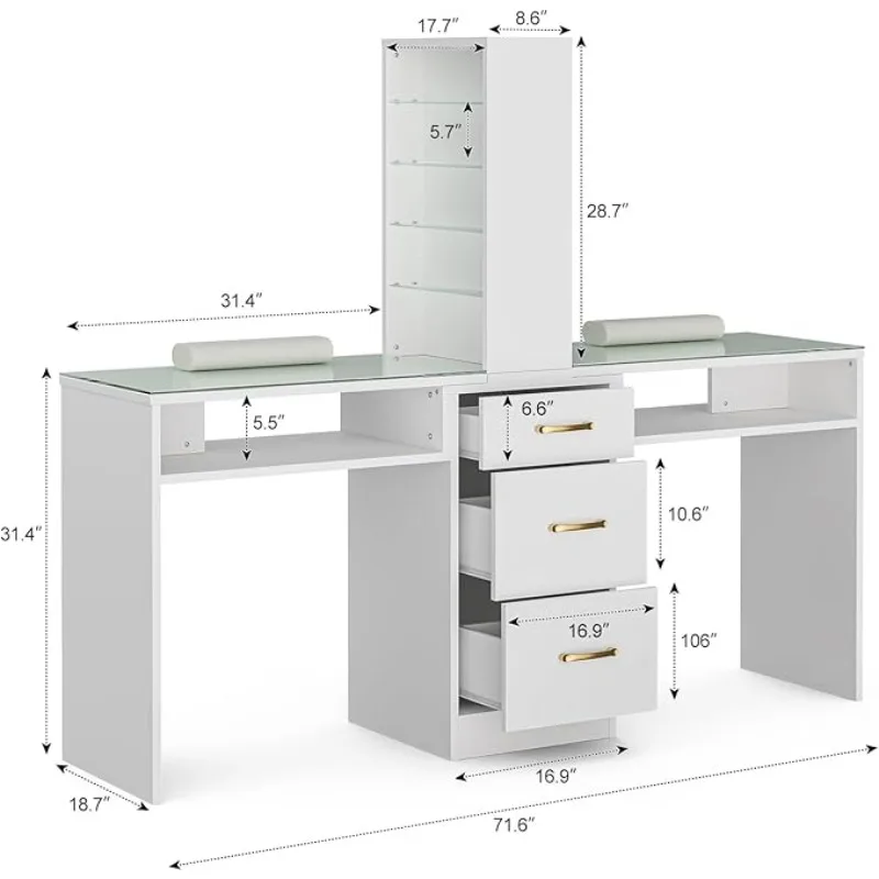 Double Manicure Table, with Glass Countertop and Wrist Rest, 3 Storage Drawers, and An 8-story Open Shelf Manicure Table