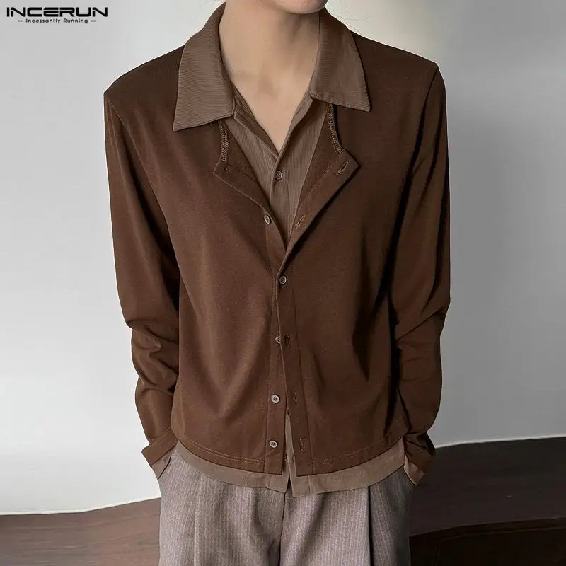 INCERUN Men Shirt Patchwork Lapel Long Sleeve Button Casual Men Clothing Loose Color-block Streetwear 2026 Fashion Male Tops