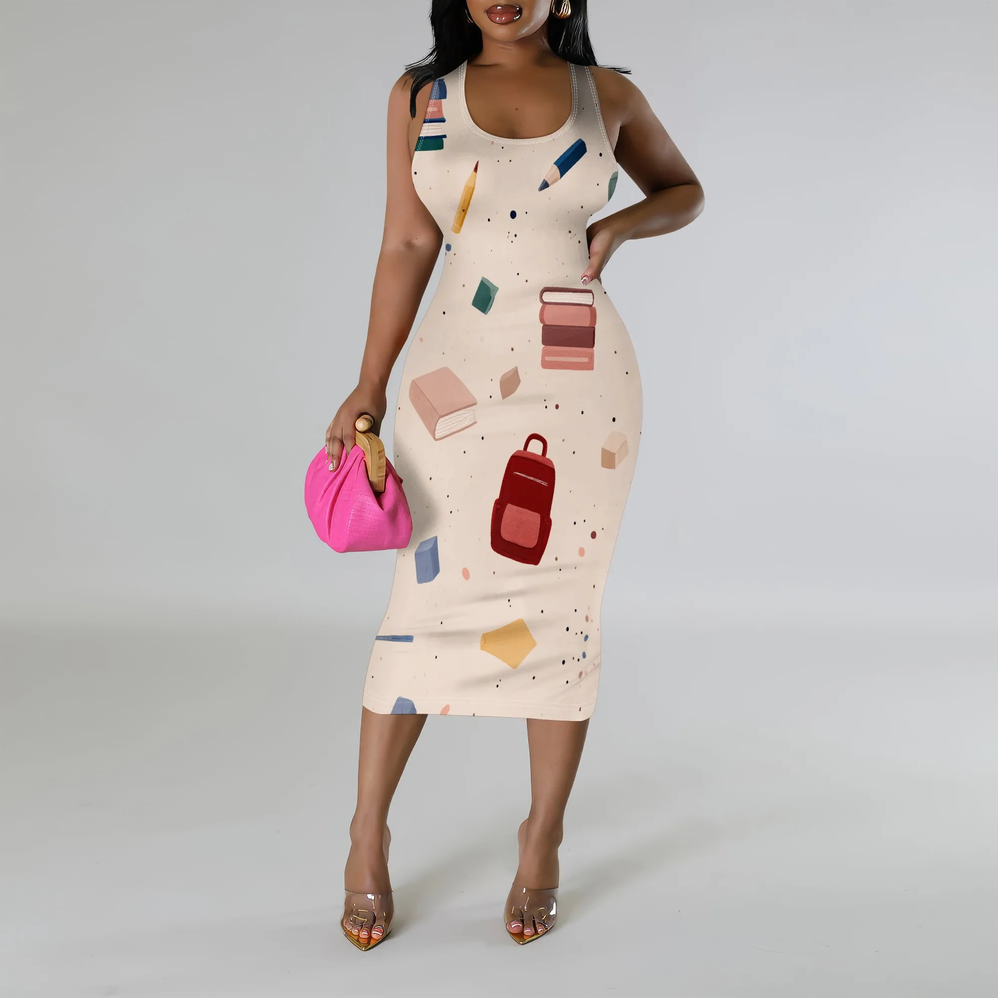 

Back to School Print Bodycon Midi Dress XS-3XL Sleeveless Round Neck Slim Fit for Teacher’s Day, College Event or Summer Look