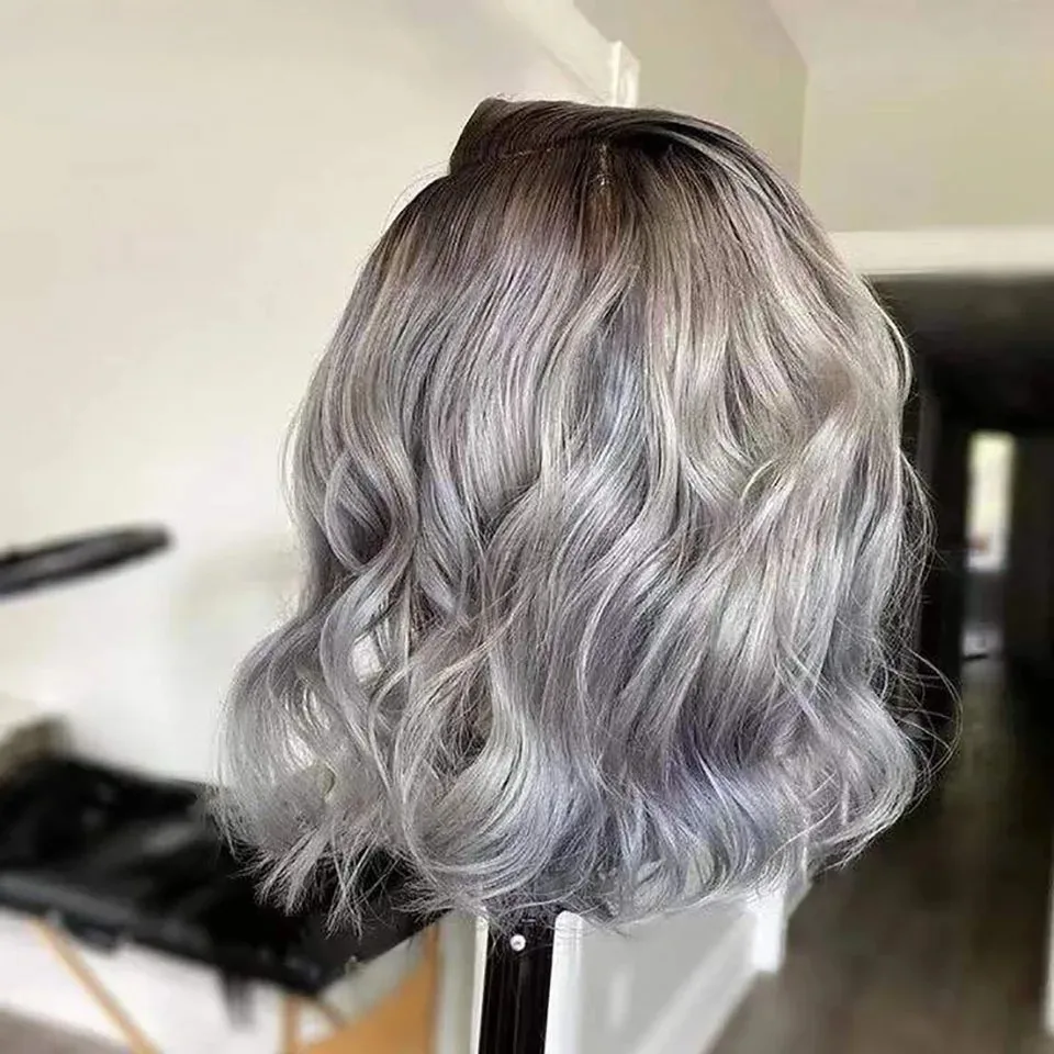 Ombre Silver Grey 13x4 HD Short Body Wave Lace Front Wig Synthetic Pre Plucked Glueless Daily Wear Cosplay On Clearance Sale