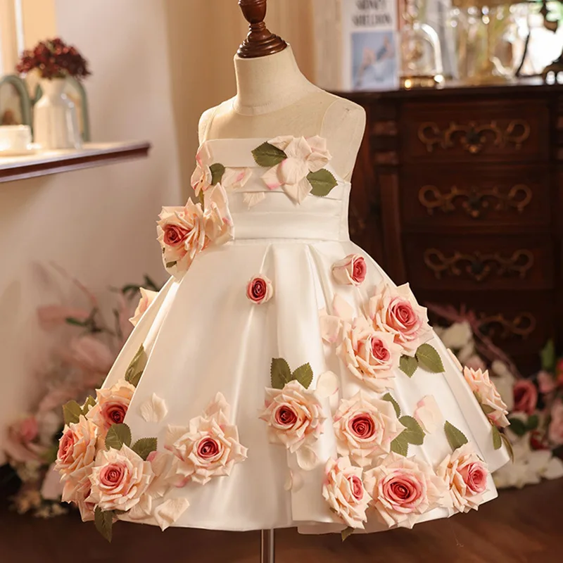 Silk Flower Girl Dresses for Weddings Sleeveless Backless Formal Birthday party Prom Roses Girl Kids First Communion Dress