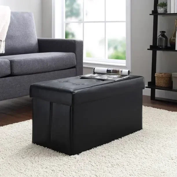 Mid Century Black Leather Footstool Ottoman Storage