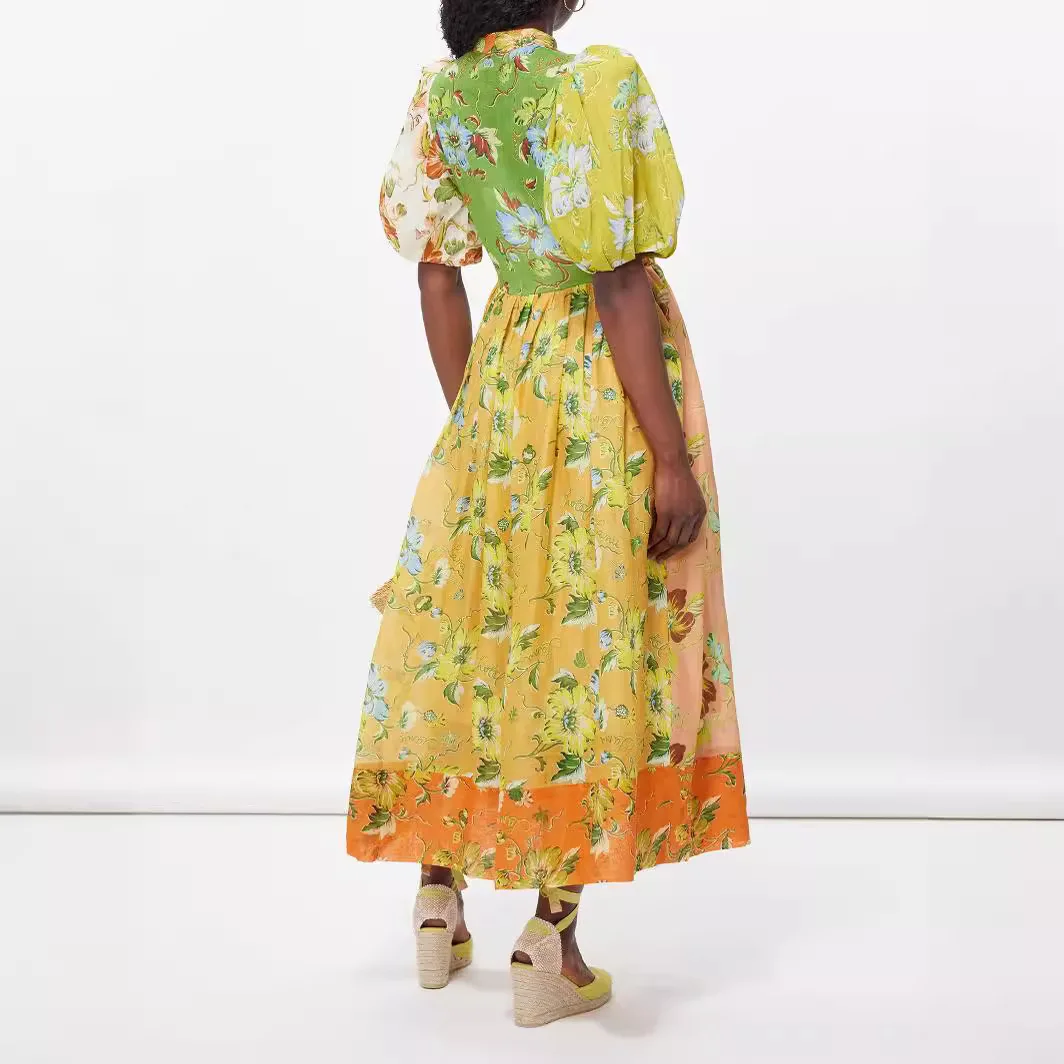 طباعة س الرقبة عالية الخصر فساتين طويلة للمرأة عطلة الشاطئ الكتان س الرقبة قصيرة الأكمام ألف خط فستان ماكسي Partyclub #3