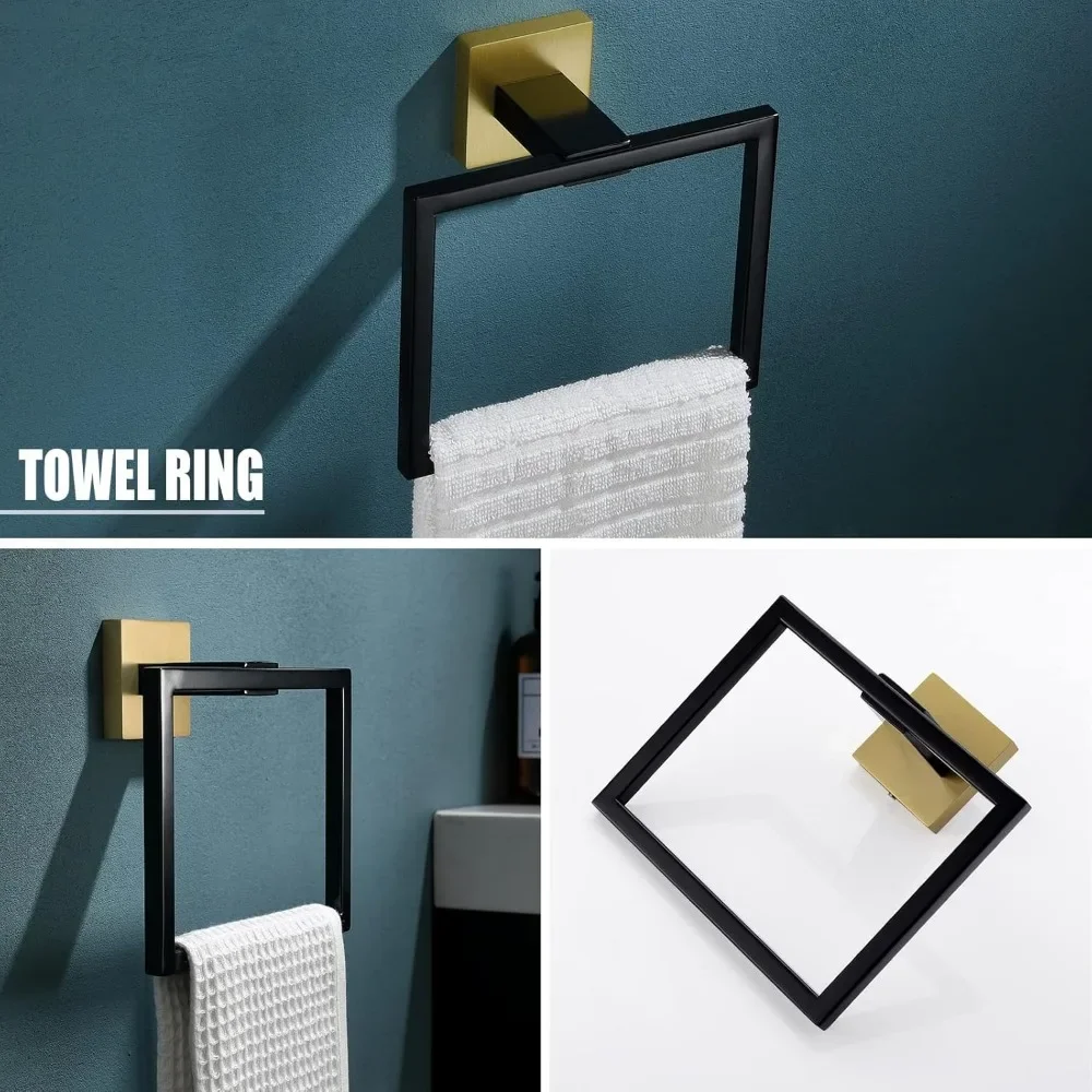 Juego de accesorios de baño de 5 piezas, barra de toalla de oro cepillado y negro de 23,6 pulgadas, toallero moderno, anillo de toalla