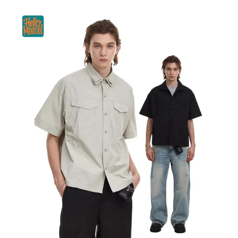 

HELLOMARCEL Top Quality EU US Size Luxury Retro Double Pocket Short Sleeve Work Shirt For Men Clean Fit Casual Vintage Shirt