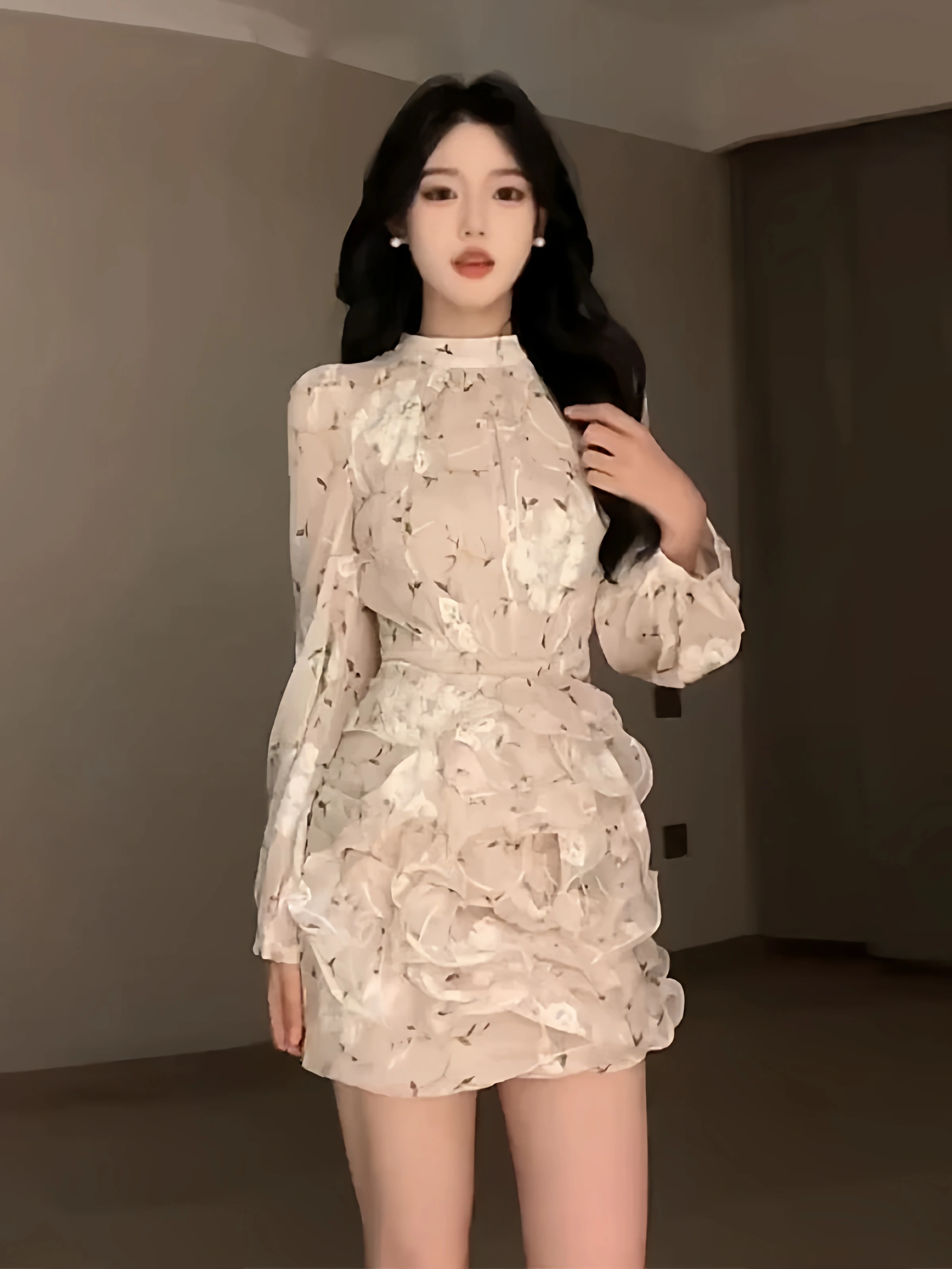 

Elegant Floral Print Dress Women's Autumn Winter High Waist Bodycon Skirt Fashionable Ladylike Style Long Sleeve Dress