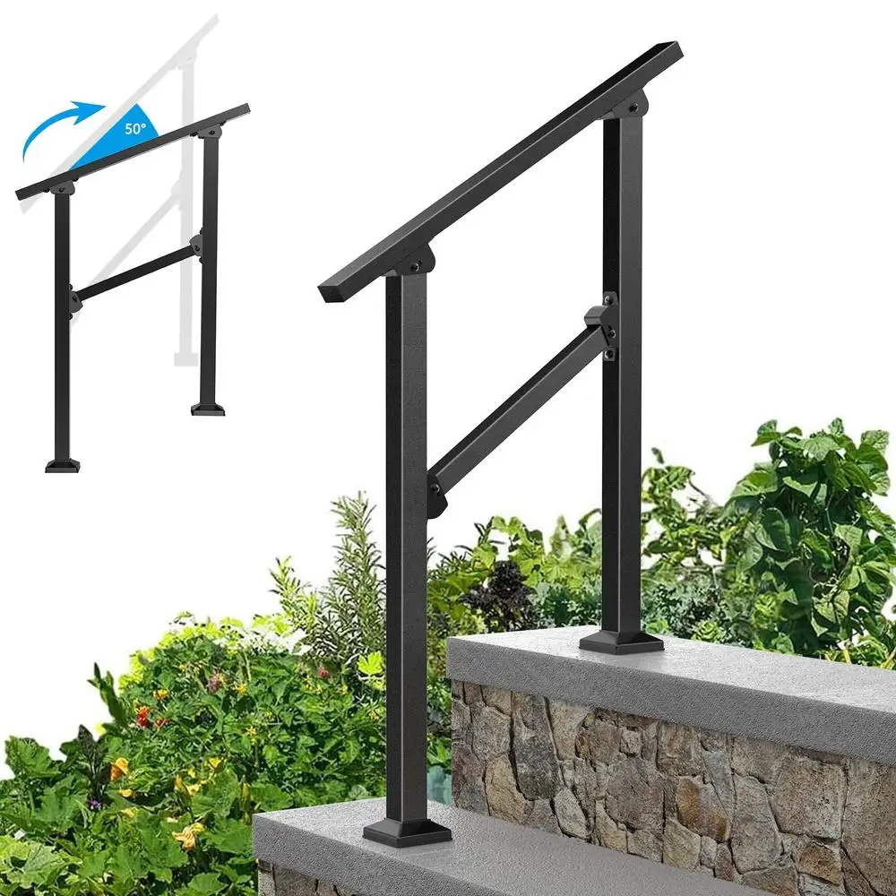 Outdoor Wrought Iron Handrails Adjustable Height 600lbs Support Weather Resistant Easy Installation Fade Resistant 2 Step Metal