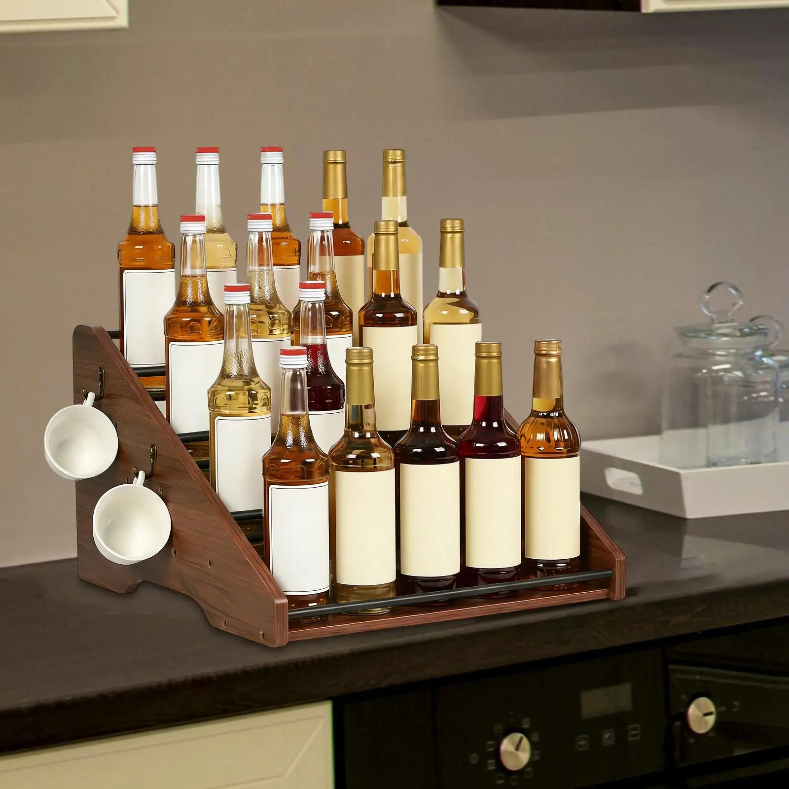 Four Tier Syrup Bottle Display Rack Rustic Wooden Shelf Kitchen Storage Organizer for Coffee Station