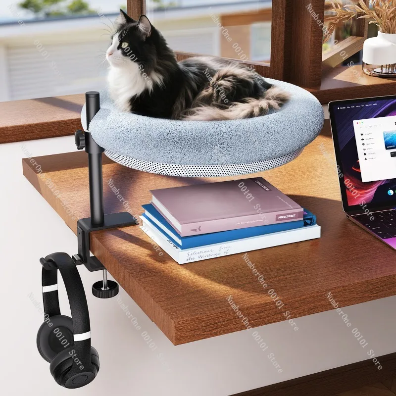 Minimalist Rotating Desktop Cat Bed Stand Adjustable Height Elevated Cat Nest for Office Desk Companion Cozy Pet Hammock Lounge
