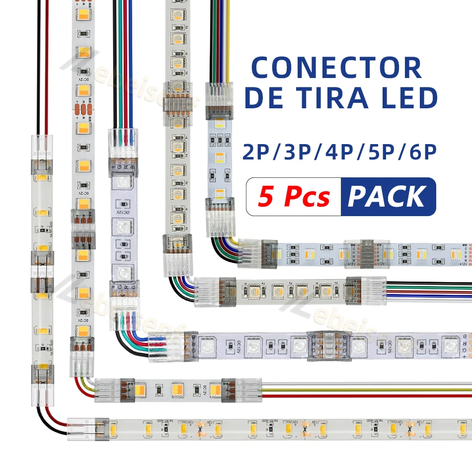 Conector de 2/3/4/5/6 pinos para faixas de luz LED IP20 IP65 5050 3528 2835 de 8mm, 10mm e 12mm com abraçadeira de fixação para conexão rápida de fio