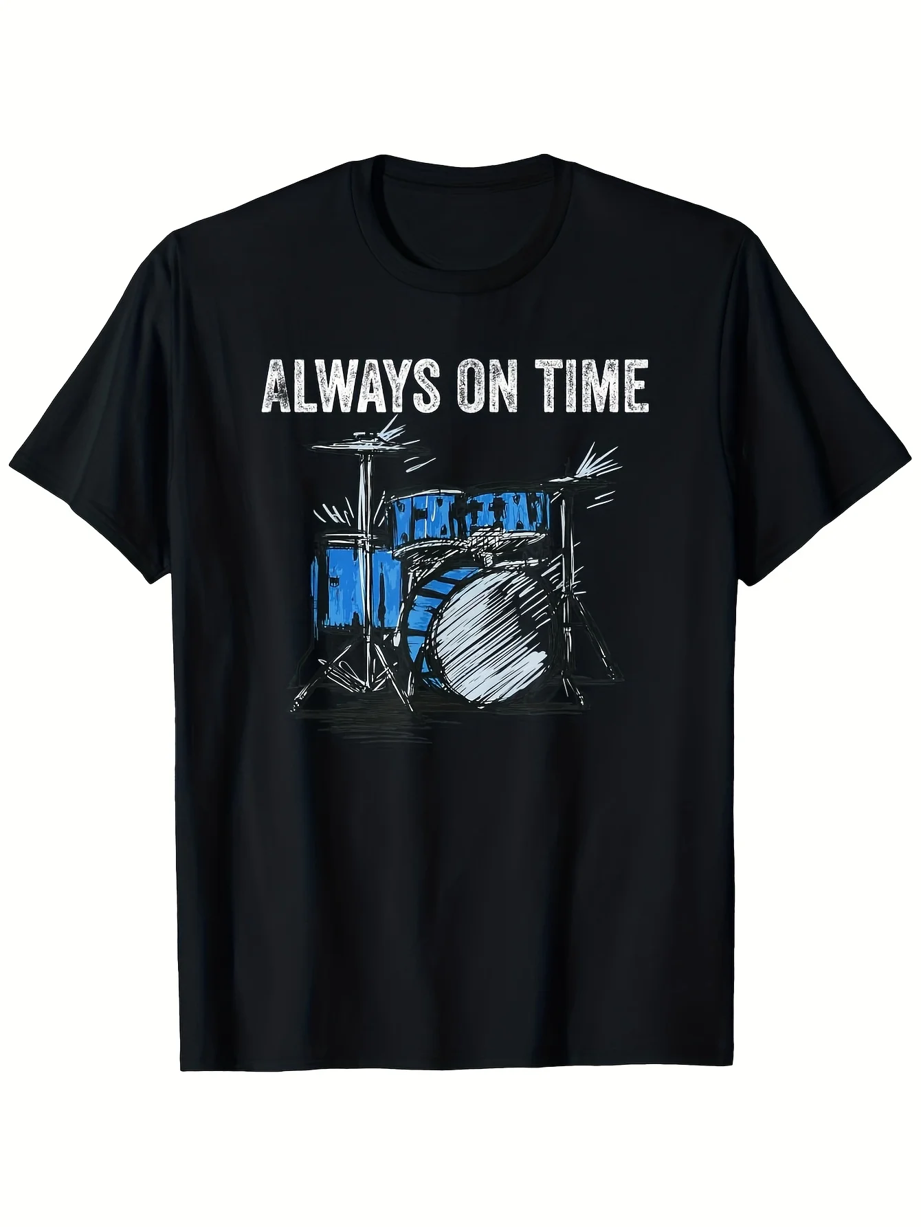 Men's Heavyweight 180gsm Cotton T-Shirt Drum Graphic Tee with ALWAYS ON TIME Text Black Music Lover Shirt for Drummers