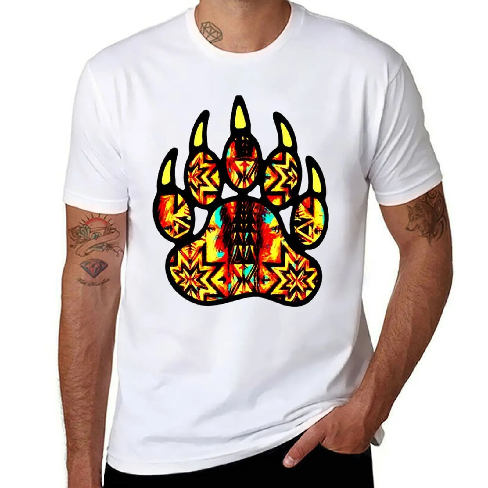 

Native Bear Paw Print Yellow / Red / Turquoise T-Shirt man t shirt heavy cotton t shirts for man slim fit T-Shirt