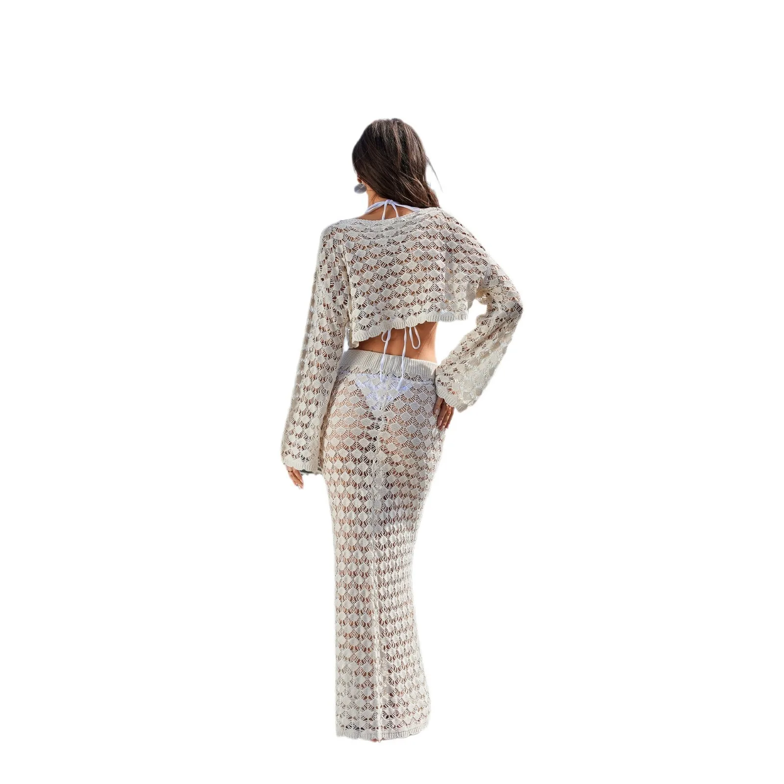 Sexy Knitted Hollow out Bikini Set Beach Dr Women's Long Sve round Ne Two-Piece Suit for Ages 8-25 Summer Faion