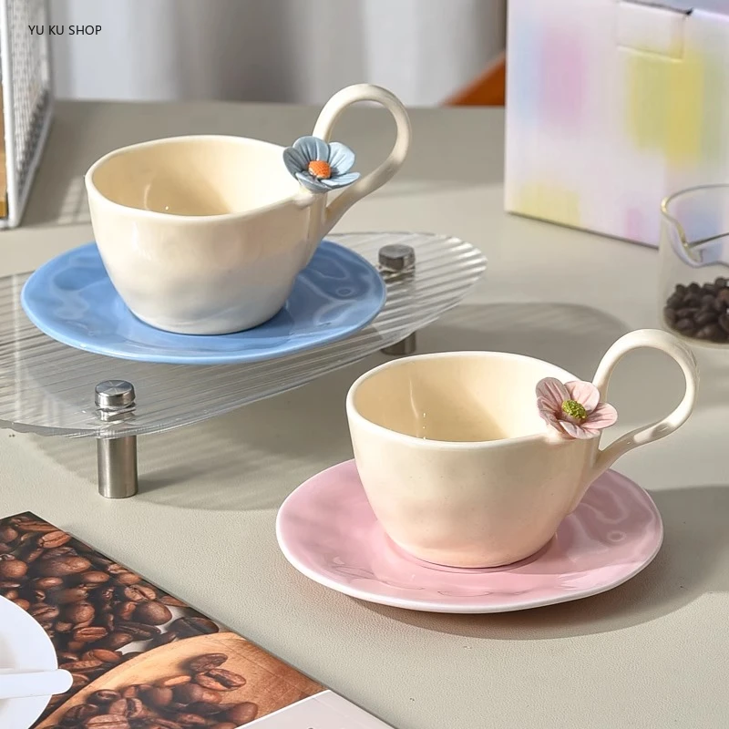 

Korean Hand Pinched Ceramic Coffee Cup Saucer Hand-painted Flower Mug Breakfast Milk Afternoon Tea Cup Underglaze Color Gift Box