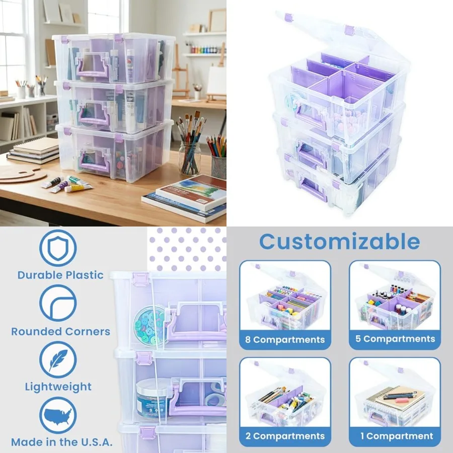 ArtBin Super Satchel Double Deep Compartment Box with Accents in a 3 Pack - Art Storage with 8 Removable Compartments, Smart Cl