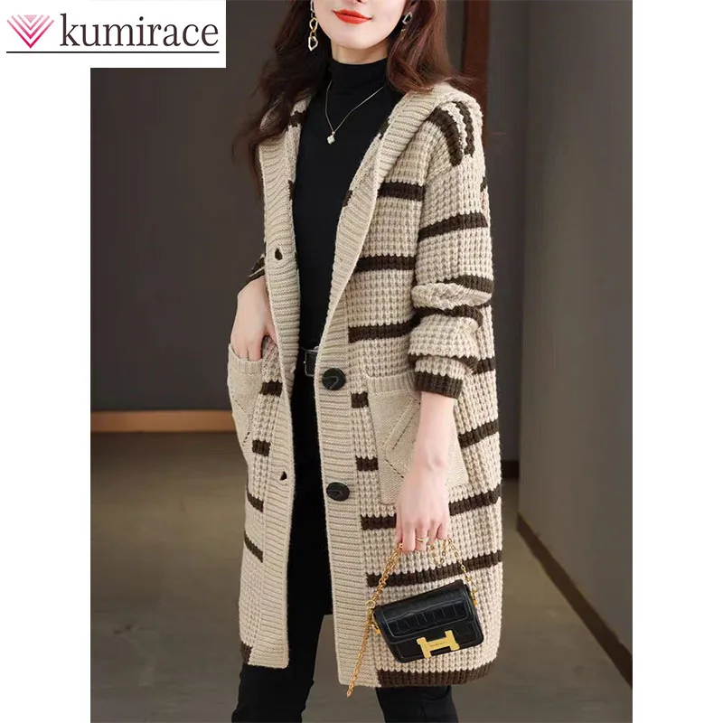 

Striped Knitted Cardigan Women's Coat Mid to Long Style 2024 Autumn and Winter New Item Hooded Sweater Outerwear Cardigans