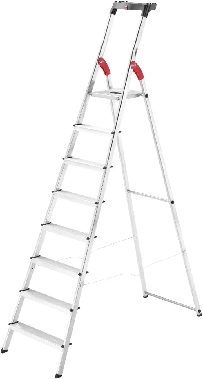 

Folding Ladder With 8 Steps, 330 lb Capacity - Stable Guide Pillar, Shelf Included - Made in Germany, Stainless - Silver