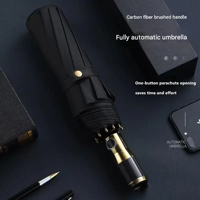

10-костный полностью автоматический складной зонт с ручкой из углеродного волокна, высококачественный складной зонт большого размера, усиленный, утолщенный, устойчивый к ветру и дождю зонт