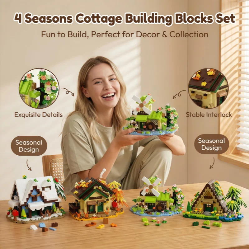 Four Seasons Cottage Baustein-Set, Retro Mini-Haus-Modellbausatz mit Windmühle, Sammler-DIY-Montagespielzeug für Erwachsene, Idee
