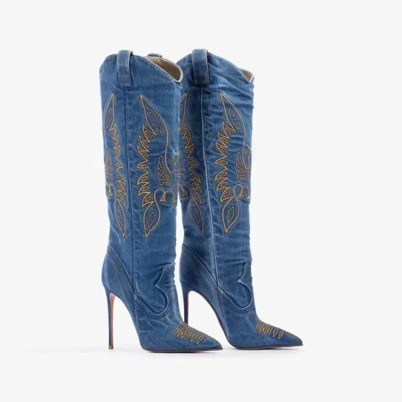 Embroidered Car Stitching 11cm High Heeled Pointed Western Cowboy Boots Women Denim Fashionable Spicy Girl Sexy Knight Boots 46