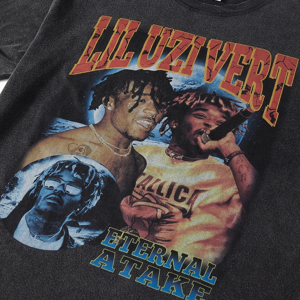TIDESHEC Mens T-shirt Streetwear Vintage Washed Lil Uzi Vert Graphics T-shirt Cotton Casual Oversized Tee Top 2023 Summer
