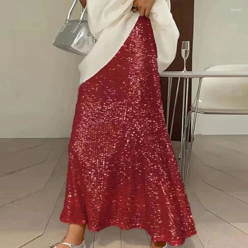 Red Seuqined Long Skirts Girls Birthday Party Wedding Guest  Skirts Street Women Prom Party Formal Wear Sequins  A Line Skirt