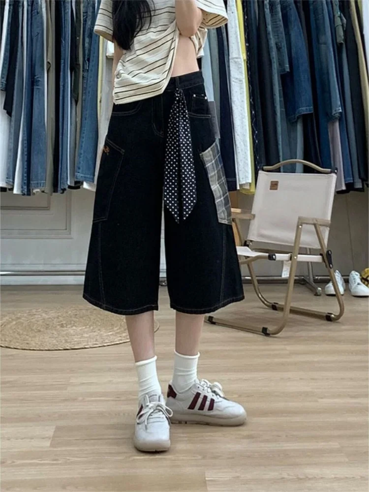 

Американский High Street Ретро-дизайн Утягивающие джинсовые orts Seven-Five Женские осенние прямые брюки больших размеров с широкими штанинами мм