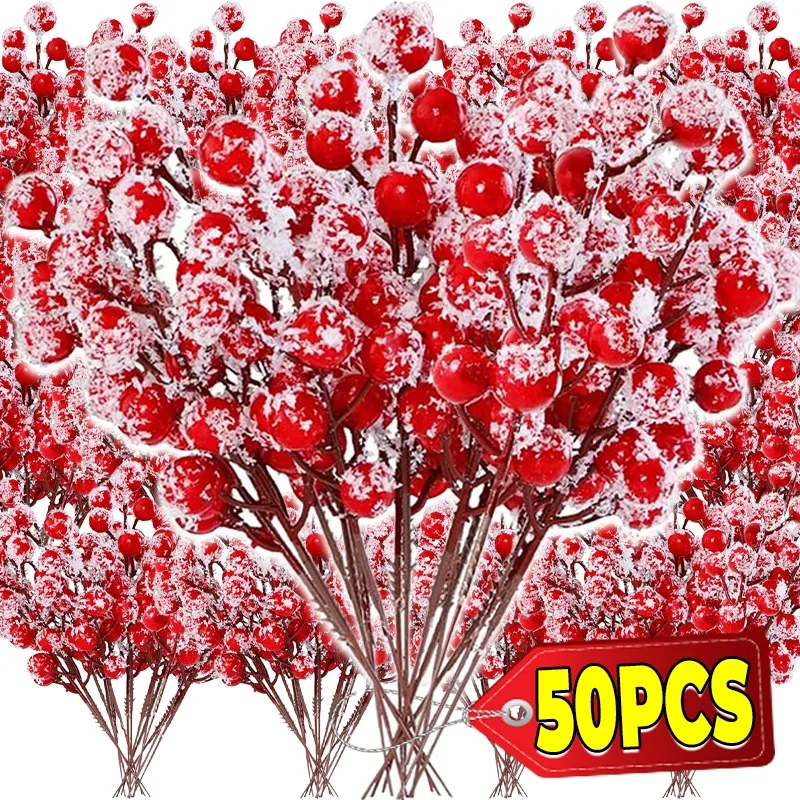 12 Heads Artificial Red Snowflake Berries Branches Christmas Holly Berry Stems Xmas Tree Wreath New Year Party Home Decoration