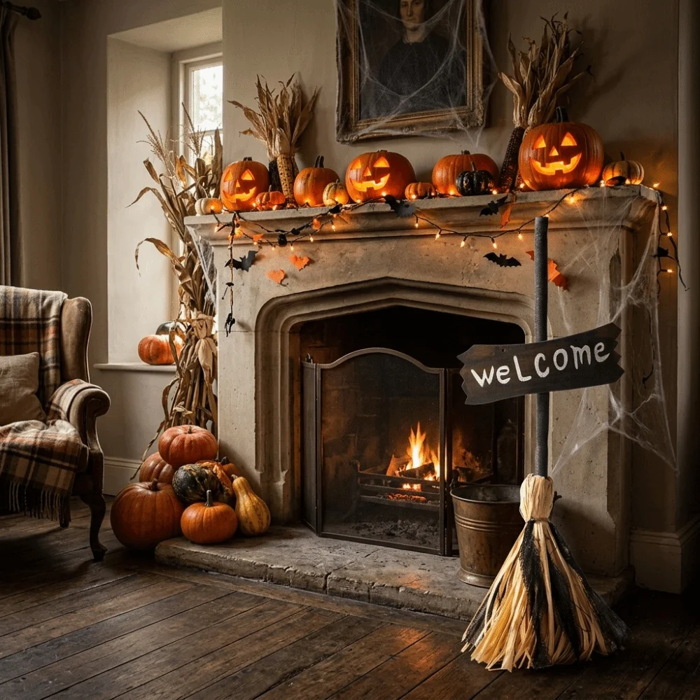 Sprachgesteuerter Halloween-Hexenbesen mit LED-Licht, Leuchtender Halloween-Elektrobesen mit Flexiblem Griff und Willkommensschild – Detail 6