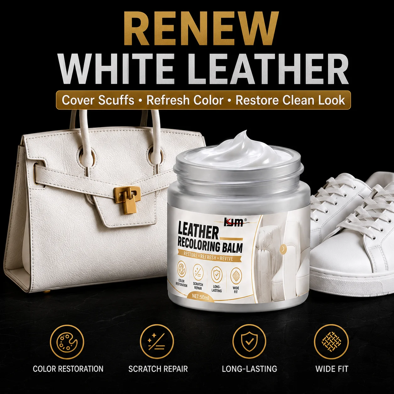 KJM White Leather Repair Cream 50ml Recoloring Balm Sneaker Whitener Scratch Scuff Cover For Shoes Bags Car Seats Sofa
