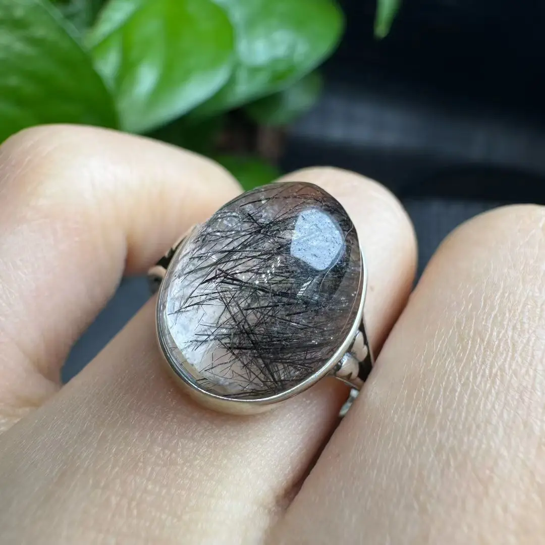 

1 Pc Fengbaowu Natural Stone Black Rutilated Quartz Ring Oval Cabochon 925 Sterling Silver Fashion Jewelry Gift For Women Men
