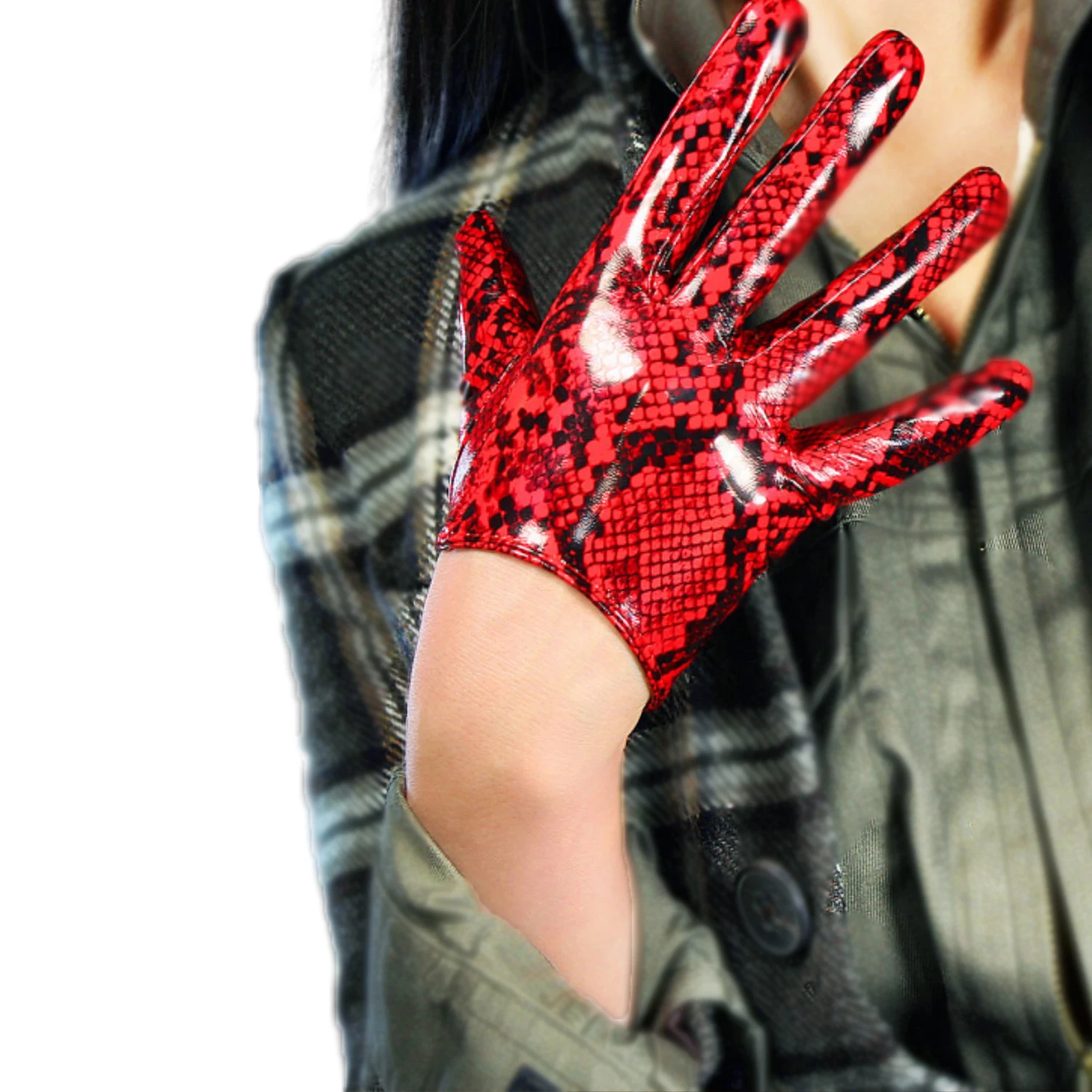 Extra Short Red Snake GLOVES 16CM Shine Faux Leather Latex Wet Look Evening Dressing Opera Halloween Custome Fashion Glove