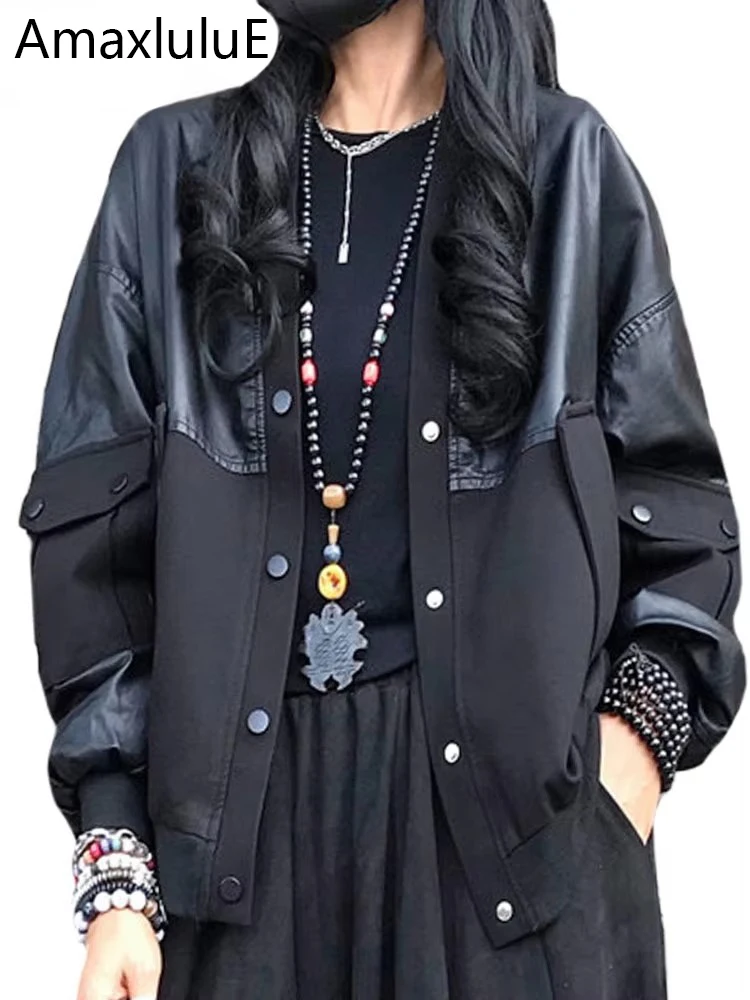 Amax luluE 2024 Spring Women Fashion Loose Vintage Faux Leather Cotton Jackets Ladies Luxury Punk Pu Coats Black Biker Outerwear